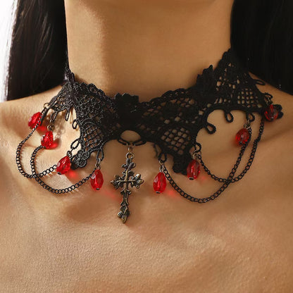 European and American Cross-Border Jewelry Gothic Style Halloween Cross Gemstone Necklace Niche Lace Tassel Necklace Accessories
