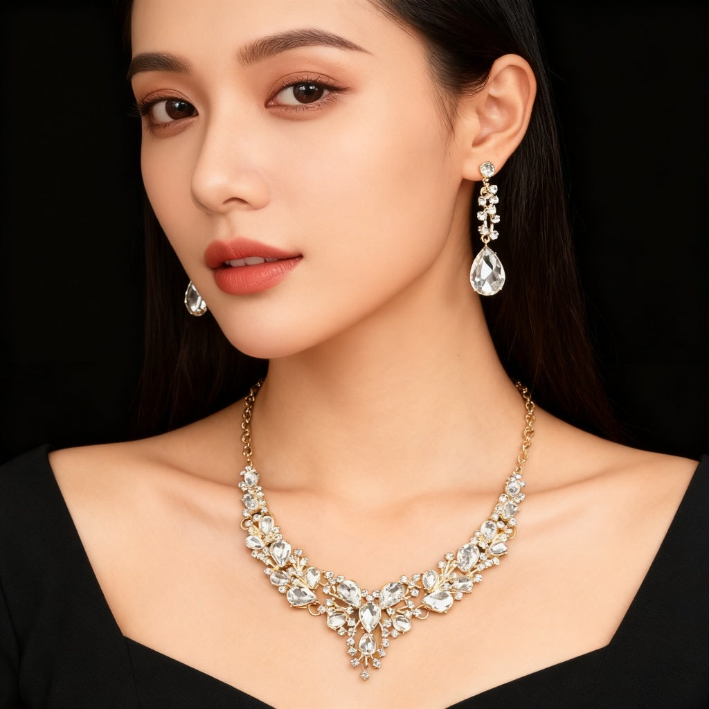 Cross-Border Amazon Jewelry Set Bridal Crystal Accessories Necklace Earrings Two-Piece Set Wedding Dress Women's