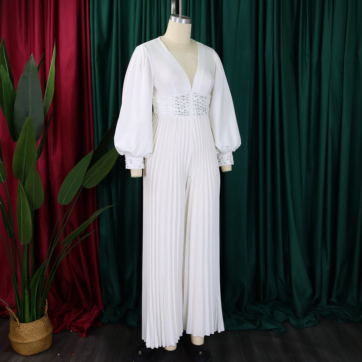 CM.YAYA Women Diamonds Long Sleeve Pleated V-neck Wide Leg Long Jumpsuits Party Beach Fashion Street Sexy Africa Outfit Rompers