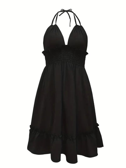 European and American Amazon Cross-Border Popular Women's Clothing Deep V Rope Suspender Parallel Pleated Sexy Dress Beach Degree
