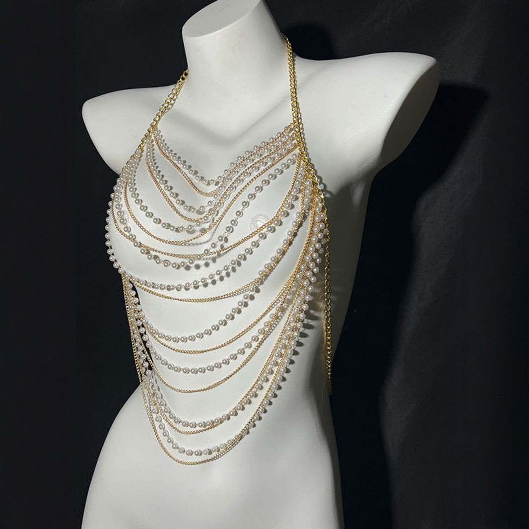 European and American fashion cross-border jewelry summer beach sexy body chest chain handmade pearl chest chain