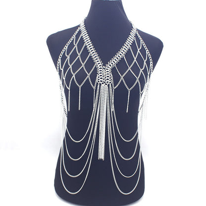 European and American Cross-Border Jewelry Women's Metal Mesh Cut Out Tassel Multi-Layer Chest Chain Nightclub Performance Fashion Clothing Accessories