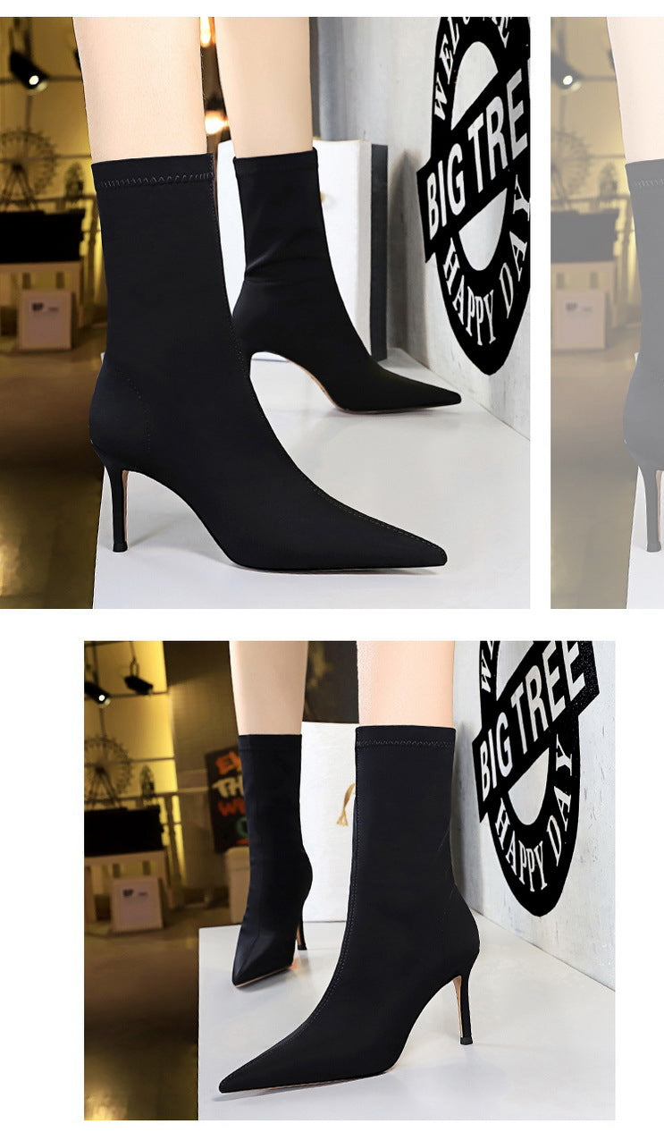 BIGTREE Shoes Stiletto Sexy Elastic Boots Women Shoes Sexy Stretch Fabric Ankle Boots Pointed Tip High Heels Boots Plus Size 43