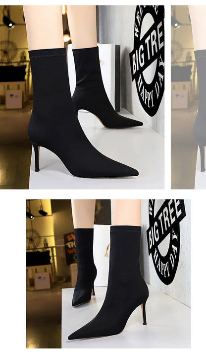 BIGTREE Shoes Stiletto Sexy Elastic Boots Women Shoes Sexy Stretch Fabric Ankle Boots Pointed Tip High Heels Boots Plus Size 43