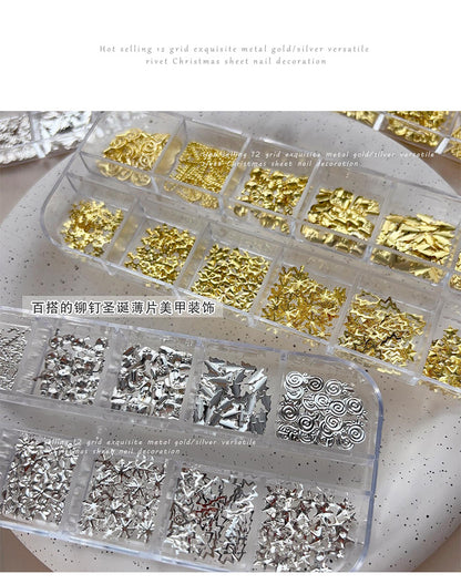 Christmas Rivet Nail Art Jewelry Long Box Special-Shaped Snowflake Alloy Flats Bottom Diamond Metal Nail Jewelry Stickers 12 Grids