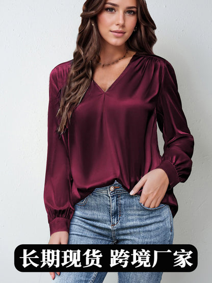 2026 Amazon Hot-Selling Women's Clothing Satin Pleated Long-Sleeve Top V-Neck Casual Loose Satin Commuter Shirt