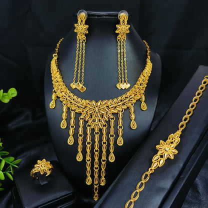 Cross-Border Hot Selling Dubai Luxury 24K Jewelry Necklace Earrings Ring Bracelet Four-Piece Bridal Wedding Tassel Set