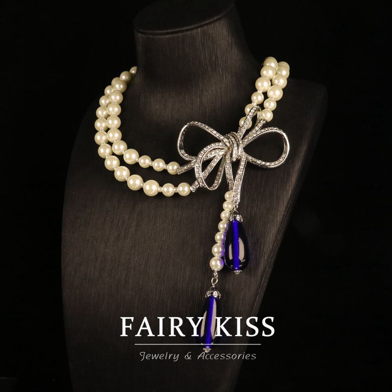 Light luxury personalized bowknot dense Diamond full copper glass pearl necklace suit exquisite elegant jewelry