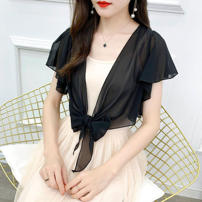 2025 Summer Sunscreen Clothing Chiffon Small Shawl Jacket Women's All-match Small Waistcoat Short Sleeve Thin Outer Short Cardigan