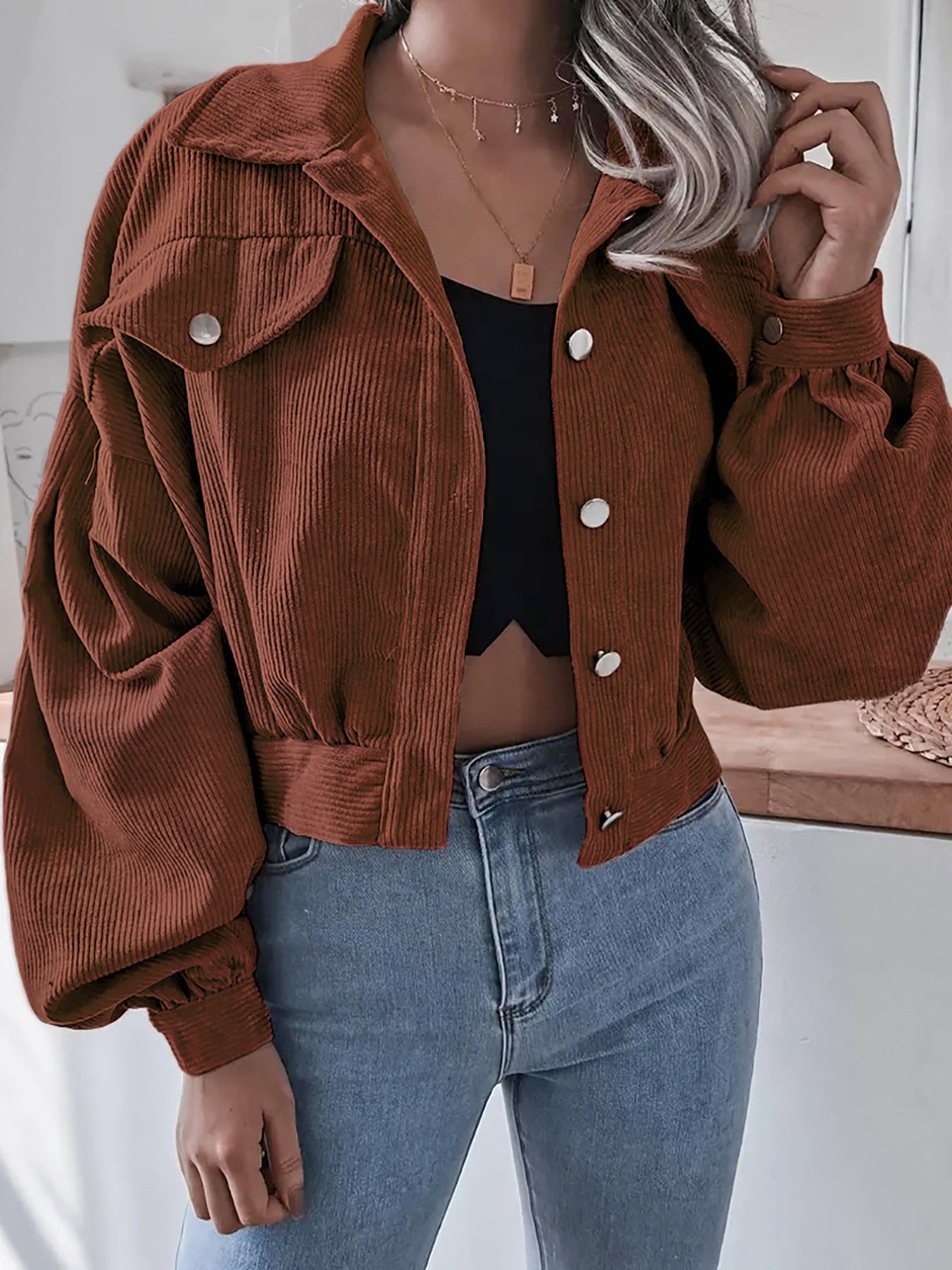 Ins Style Autumn and Winter European and American Lantern Long-Sleeved Corduroy Casual Short Outwear Jacket Amazon Hot Cross-Border Women's Clothing