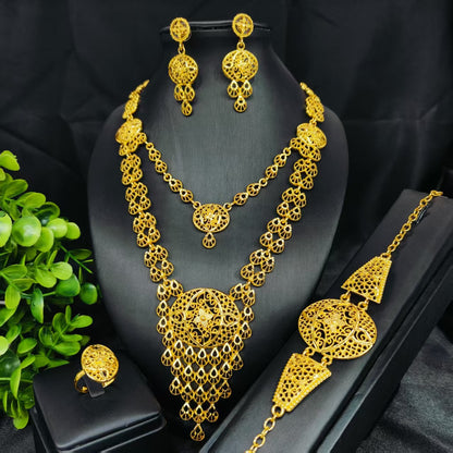 Cross-Border Hot Selling Dubai Luxury 24K Jewelry Necklace Earrings Ring Bracelet Four-Piece Bridal Wedding Tassel Set