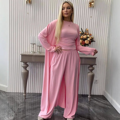 Women Cardigan Vest Wide Leg Pants 3 Piece Sets Top Long Coat Trousers Suit Office Lady Ensemble Spring Summer 2026 Outfits