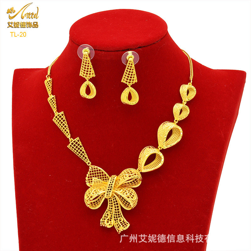 Imitation gold flower necklace earrings suit Dubai India Nigeria brass gold plated women wedding jewelry lot
