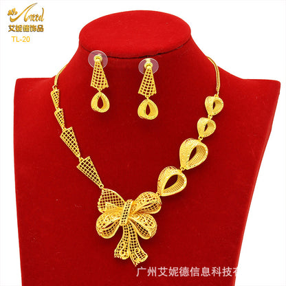 Imitation gold flower necklace earrings suit Dubai India Nigeria brass gold plated women wedding jewelry lot