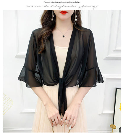 Sunscreen Cardigan Women's Spring and Summer Shawl Outer Blouse Thin Jacket with Sling Skirt Chiffon Small Waistcoat