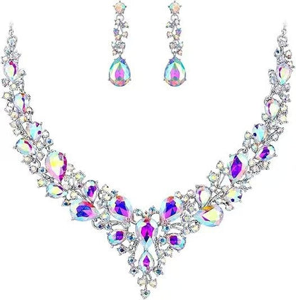 Amazon Cross-Border New European and American Light Luxury Necklace Earrings Wedding Jewelry Set Banquet Rhinestone Women's Jewelry