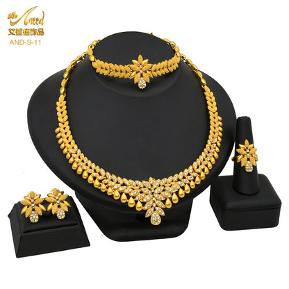 24K Gold Dubai Explosions Bride Four-piece Flower Rhinestone Jewelry Alloy Necklace Bracelet Earrings Ring