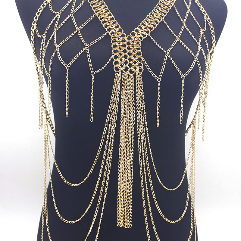 European and American Cross-Border Jewelry Women's Metal Mesh Cut Out Tassel Multi-Layer Chest Chain Nightclub Performance Fashion Clothing Accessories