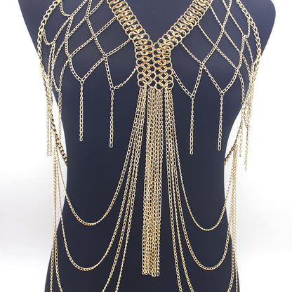 European and American Cross-Border Jewelry Women's Metal Mesh Cut Out Tassel Multi-Layer Chest Chain Nightclub Performance Fashion Clothing Accessories