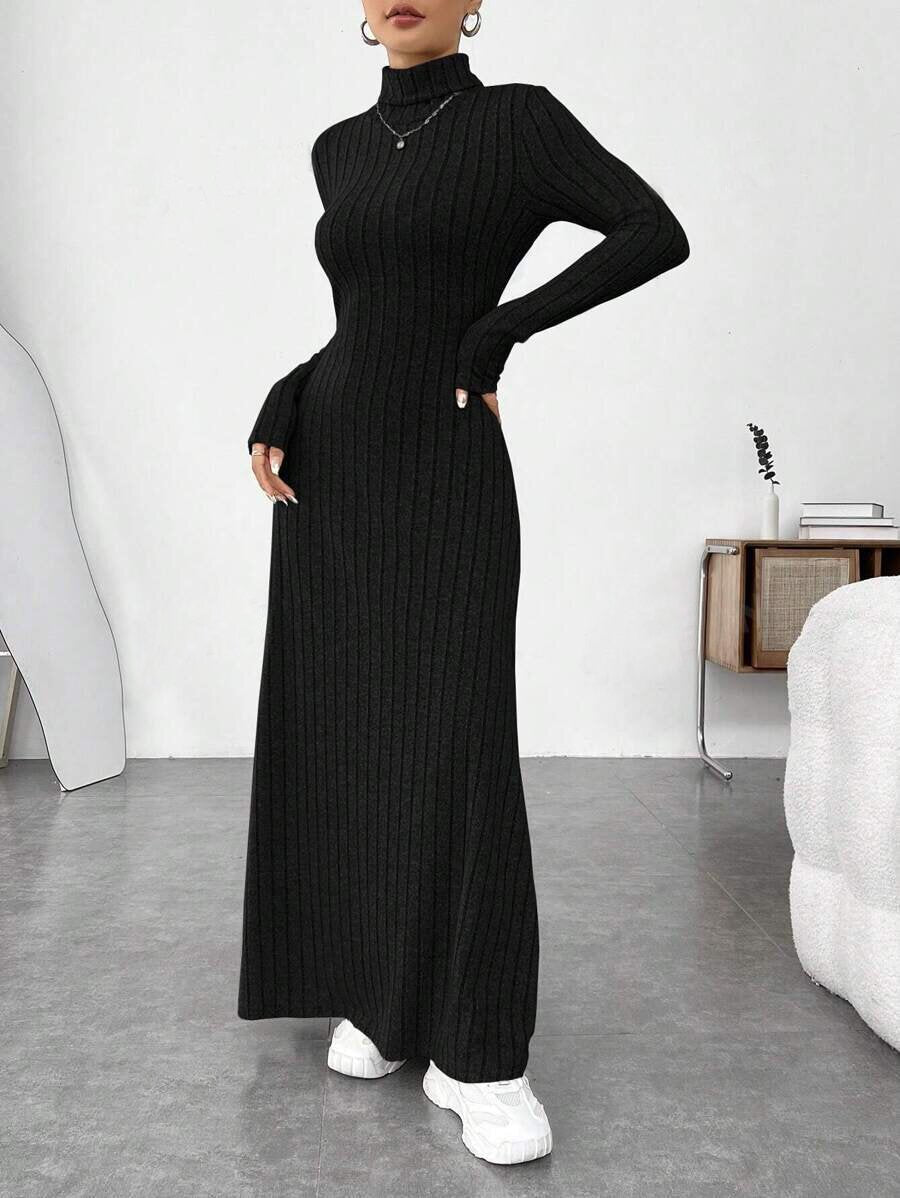 European and American Cross-Border Autumn and Winter Women's Clothing, Slim-Fitting High Collar, Fashionable Solid Color Pit Strip Brushed Long-Sleeved Dress for Women