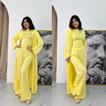 Women Cardigan Vest Wide Leg Pants 3 Piece Sets Top Long Coat Trousers Suit Office Lady Ensemble Spring Summer 2026 Outfits
