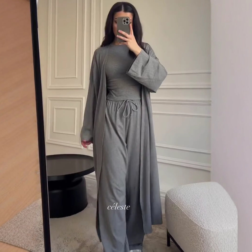 Women Cardigan Vest Wide Leg Pants 3 Piece Sets Top Long Coat Trousers Suit Office Lady Ensemble Spring Summer 2026 Outfits