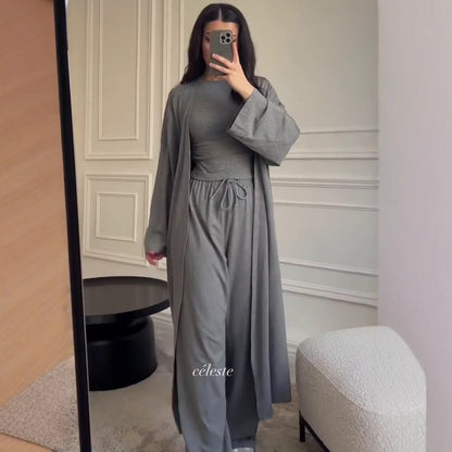Women Cardigan Vest Wide Leg Pants 3 Piece Sets Top Long Coat Trousers Suit Office Lady Ensemble Spring Summer 2026 Outfits