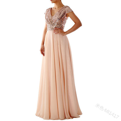 2025 Cross-Border New Spring and Summer European and American Clothing Sleeveless Dress V Neck Sequined Elegant Chiffon Splicing Evening Dress