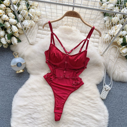 CHILLGIO Women Sexy Lace Strappy Rompers Lingerie One Piece Combination Bodycon Catsuits Sheer Fashion Solid Push Up Bodysuits