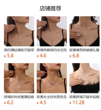 Explosive Jewelry Flash Diamond Inlaid with Full Diamond Women's Wedding Accessories Necklace Earrings Bracelet Three-piece Bridal suit