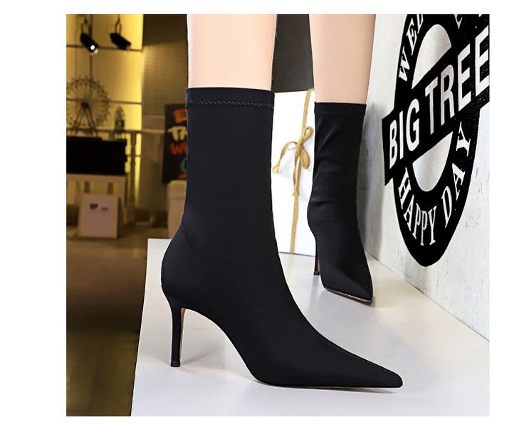 BIGTREE Shoes Stiletto Sexy Elastic Boots Women Shoes Sexy Stretch Fabric Ankle Boots Pointed Tip High Heels Boots Plus Size 43