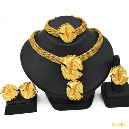 2025 Summer Dubai 24K Gold Bridal Jewelry Set Necklace Earrings Bracelet Ring Middle East Africa Jewelry