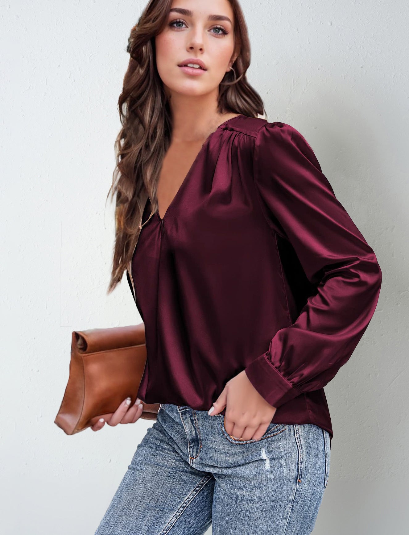 2026 Amazon Hot-Selling Women's Clothing Satin Pleated Long-Sleeve Top V-Neck Casual Loose Satin Commuter Shirt