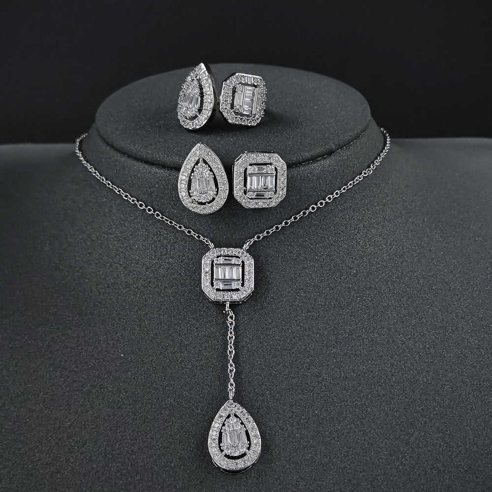 Amazon Fashion Cross-border New Square Long Zircon Earrings Ring Necklace Jewelry Three-piece Set j6138