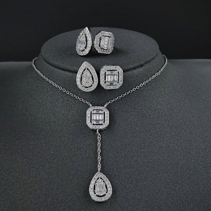 Amazon Fashion Cross-border New Square Long Zircon Earrings Ring Necklace Jewelry Three-piece Set j6138