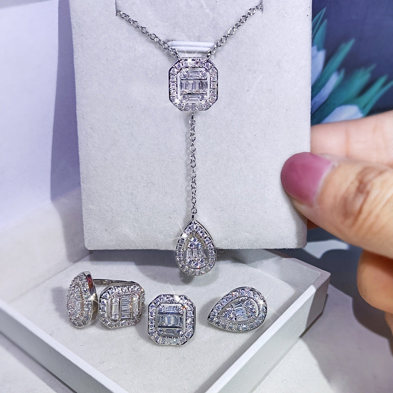 Amazon Fashion Cross-border New Square Long Zircon Earrings Ring Necklace Jewelry Three-piece Set j6138