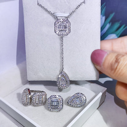 Amazon Fashion Cross-border New Square Long Zircon Earrings Ring Necklace Jewelry Three-piece Set j6138