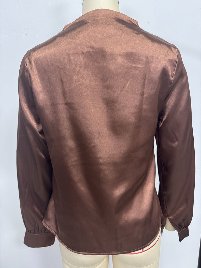 Amazon's Popular European and American V Neck Shirt Tops Spring and Summer Wish Aliexpress Ebay Long-Sleeved Satin Shirt