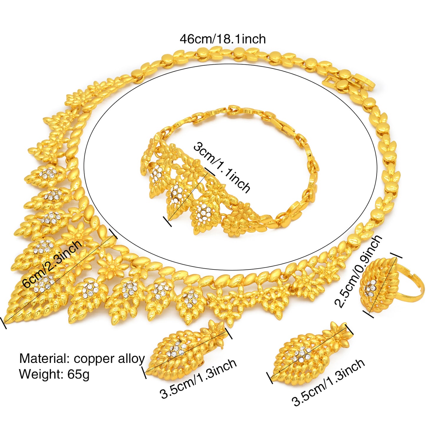 24K Gold Dubai Explosions Bride Four-piece Flower Rhinestone Jewelry Alloy Necklace Bracelet Earrings Ring