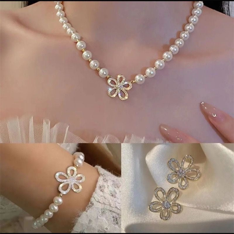 Five Petal Flower Pearl Clavicle Necklace Advanced New Pearl Necklace Three-Piece Set Fashionable Bracelet Earrings Jewelry suit