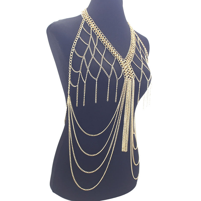 European and American Cross-Border Jewelry Women's Metal Mesh Cut Out Tassel Multi-Layer Chest Chain Nightclub Performance Fashion Clothing Accessories