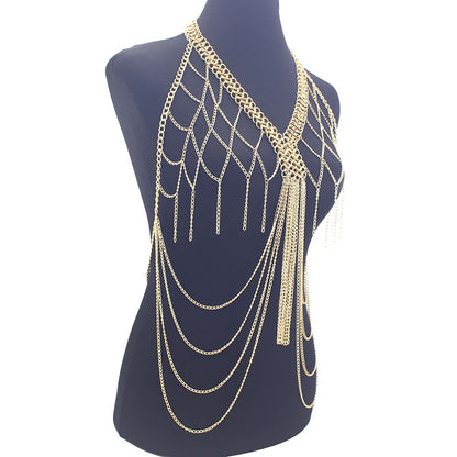 European and American Cross-Border Jewelry Women's Metal Mesh Cut Out Tassel Multi-Layer Chest Chain Nightclub Performance Fashion Clothing Accessories