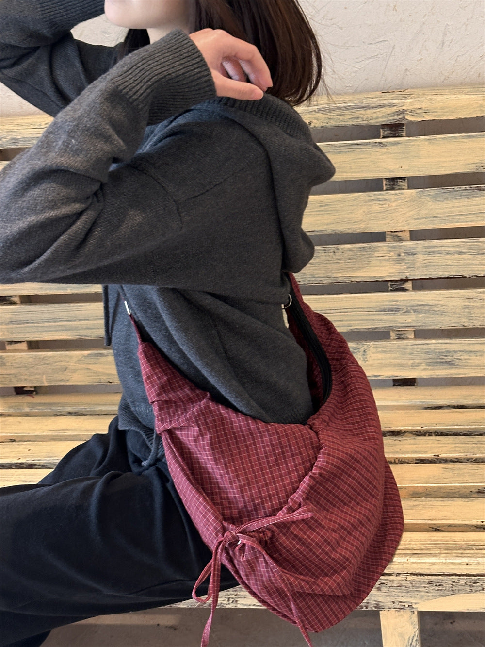 Retro Plaid Hobos Messenger Bags for Women Drawstring Pocket Nylon Dumpling Bag Large Capacity Portable Travel Shoulder Bags