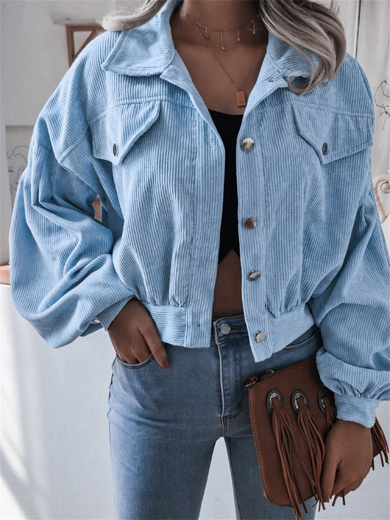 Ins Style Autumn and Winter European and American Lantern Long-Sleeved Corduroy Casual Short Outwear Jacket Amazon Hot Cross-Border Women's Clothing