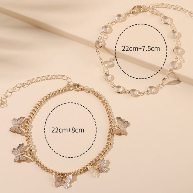 European and American Cross-border Hot Jewelry Rhinestone Butterfly Pendant Double-layer anklet Women's Simple Fashion Foot Jewelry Fashion Accessories