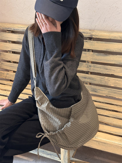 Retro Plaid Hobos Messenger Bags for Women Drawstring Pocket Nylon Dumpling Bag Large Capacity Portable Travel Shoulder Bags