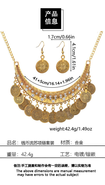 European and American Retro Fashion Golden Roman Coin Tassel Necklace Bohemian Ethnic Style Clavicle Chain Jewelry suit
