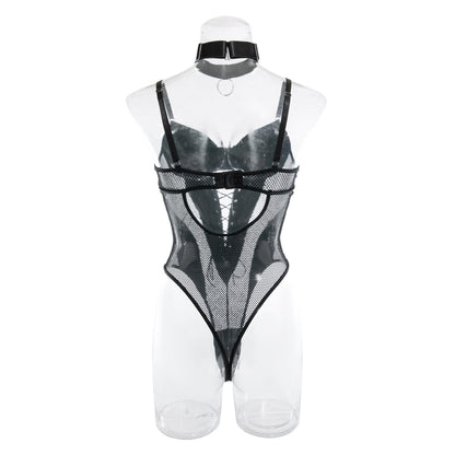 CHILLGIO Women Sexy PU Mesh Strappy Bodysuits Lace-up Tight Catsuits Hollow Slim Rompers Fashion One Piece Combination Oneise