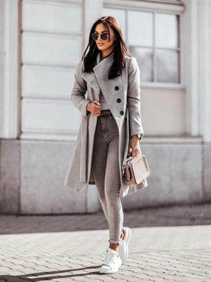 2026 Autumn/Winter European and American New Cross-Border Women's Clothing Amazon Woolen Coat Solid Color Tie-Up Mid-Length Woolen Jacket
