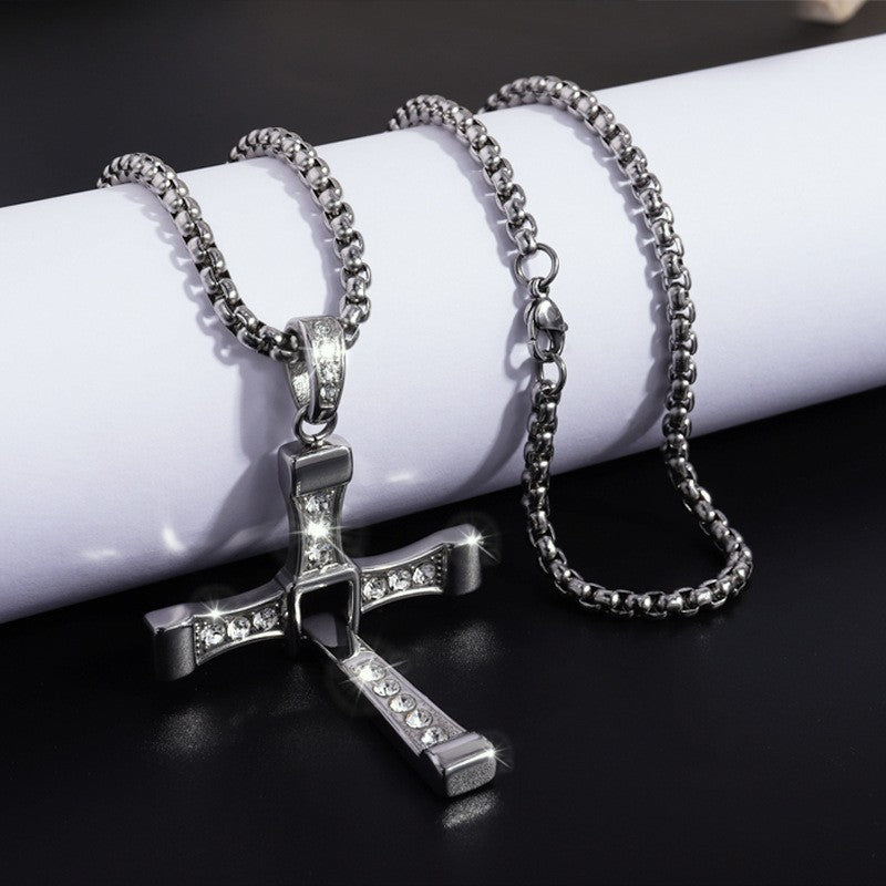 Cross-Border New Hot-Selling Fashion Personality Hip-Hop Stainless Steel Diamond Cross Pendant Necklace High-End Versatile Jewelry